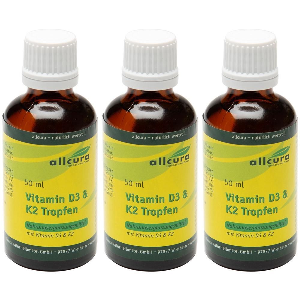 Drei Flaschen allcura Vitamin D3 + K2 Tropfen, je 50 ml.