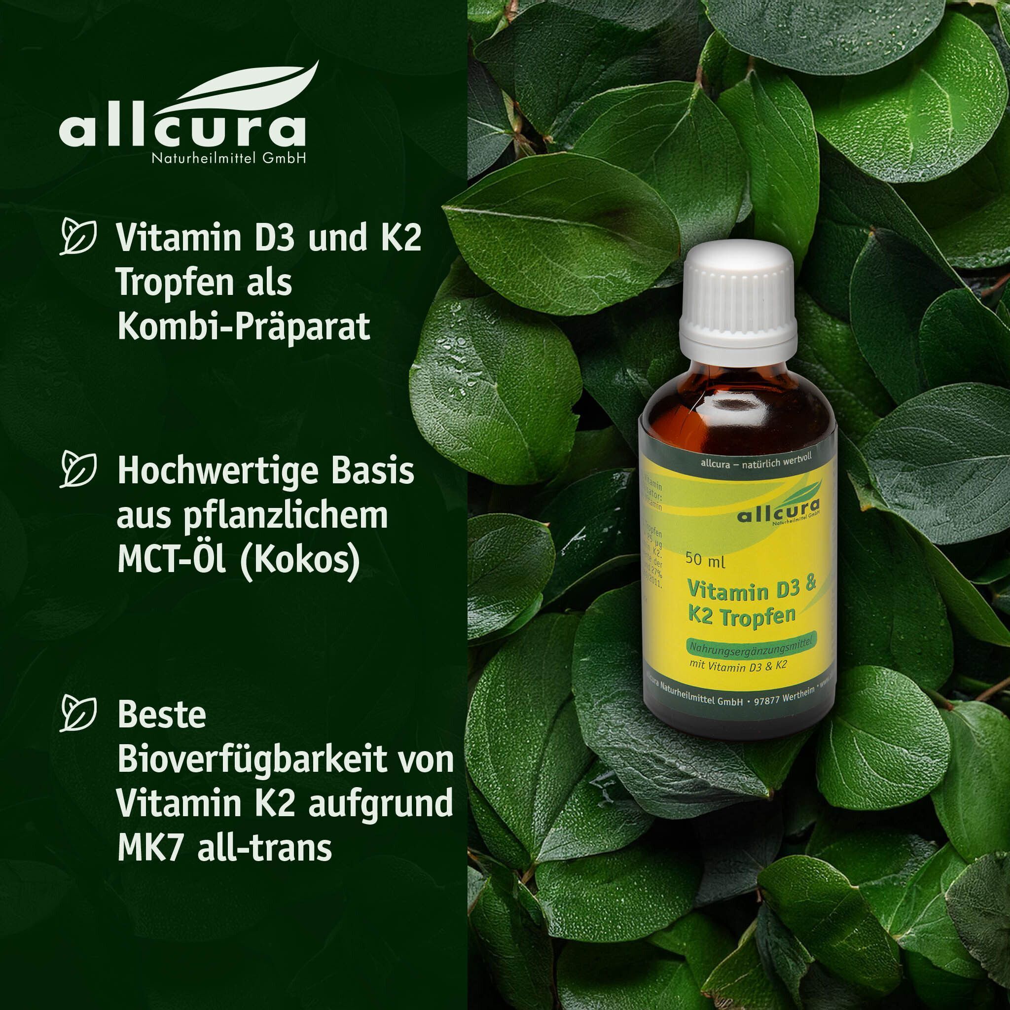 Flasche allcura Vitamin D3 + K2 Tropfen (50 ml) neben grünen Blättern.