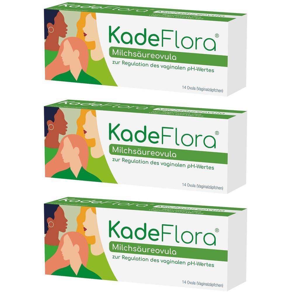 Drei Packungen KadeFlora Milchsäureovula zur Regulierung des vaginalen pH-Wertes.