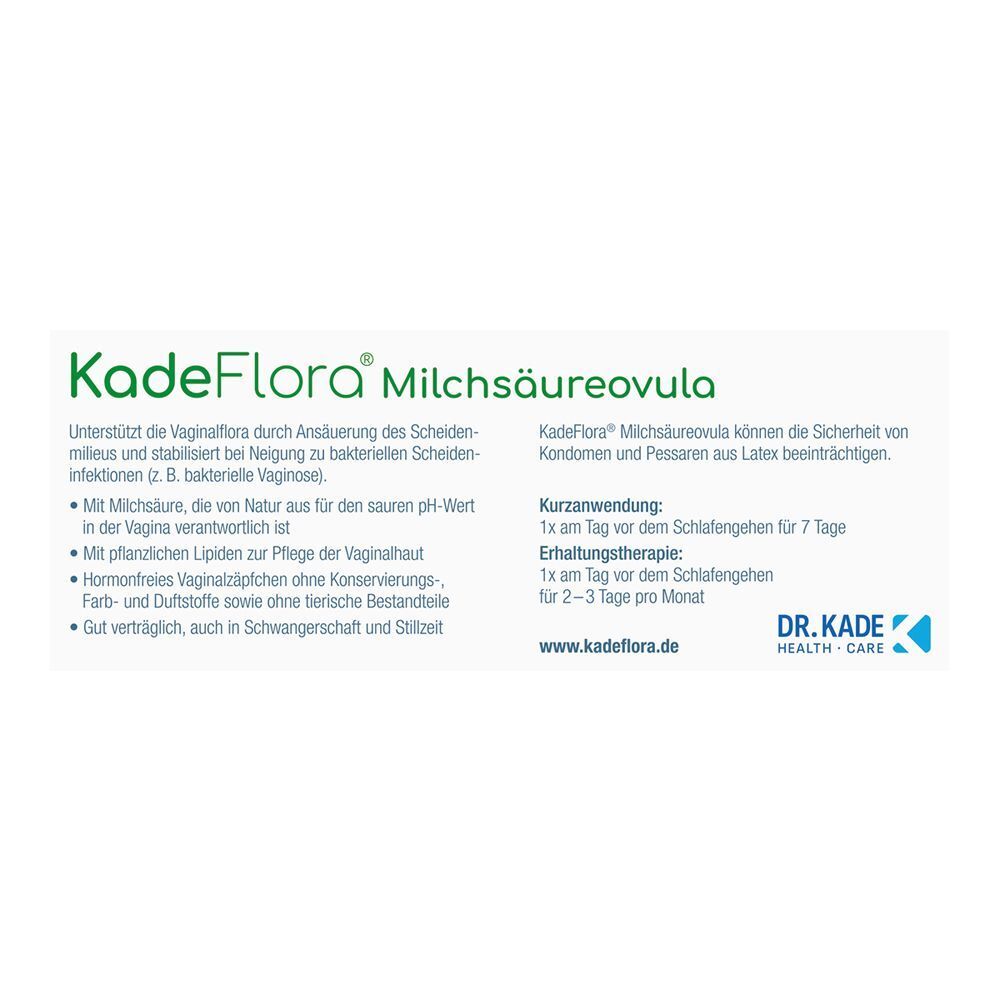 Rückseite einer Packung KadeFlora Milchsäureovula mit Anwendungshinweisen und Herstellerinformationen.