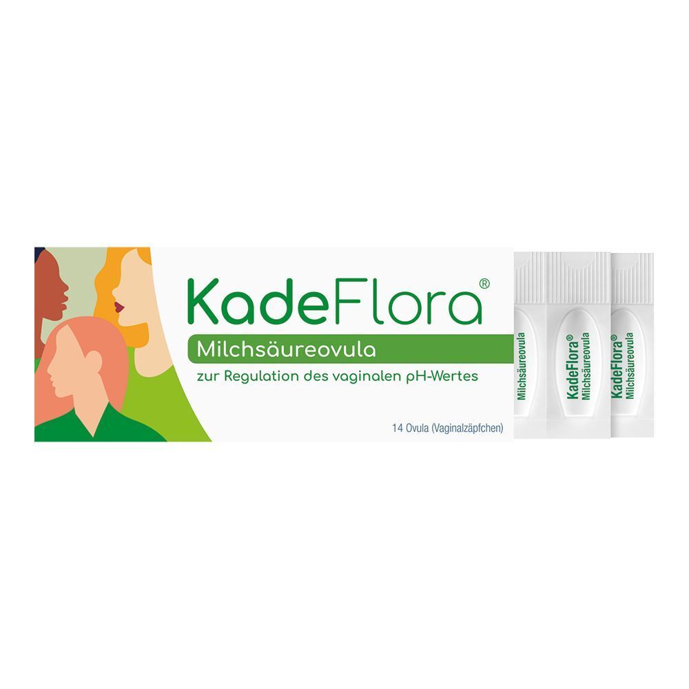 KadeFlora Milchsäureovula Packung mit zwei einzelnen Ovula-Verpackungen daneben.