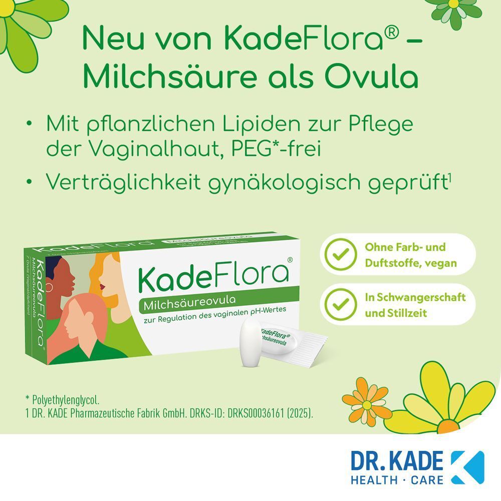 KadeFlora Milchsäureovula: "Neu"-Hinweis, Inhaltsstoffe und Siegel wie "vegan" und "gynäkologisch geprüft".