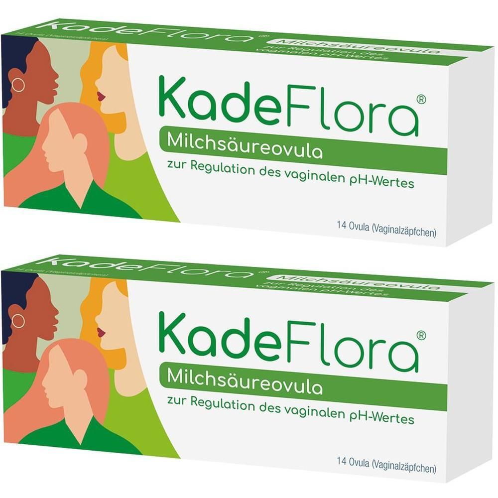 Zwei Packungen KadeFlora Milchsäureovula mit Darstellungen von Frauenprofilen.