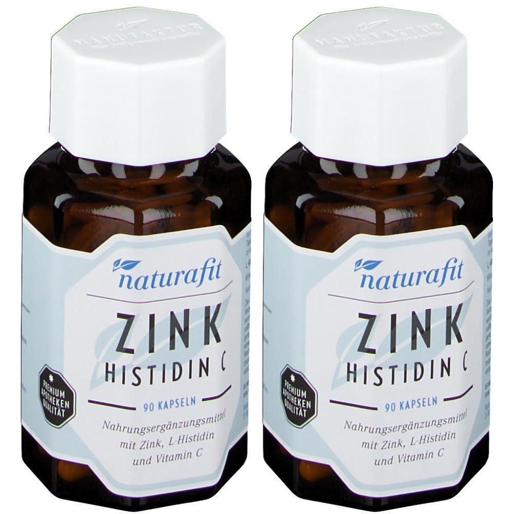 Zwei Flaschen naturafit® Zink Histidin C mit je 90 Kapseln. Braune Glasflaschen mit weißem Schraubverschluss.