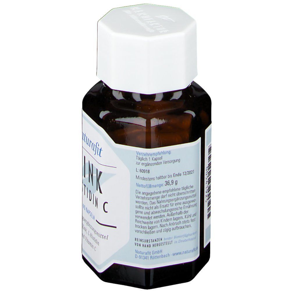 Rückseite einer Flasche naturafit® Zink Histidin C. Enthält Informationen zur täglichen Verzehrmenge und Mindesthaltbarkeit.
