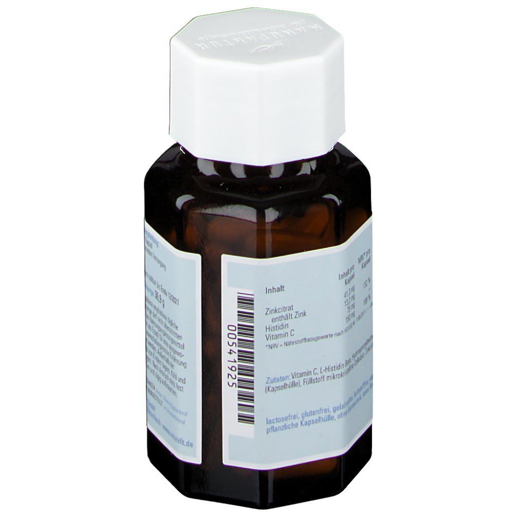 Seitenansicht einer Flasche naturafit® Zink Histidin C. Zeigt Etikett mit Inhaltsstoffen und Barcode.