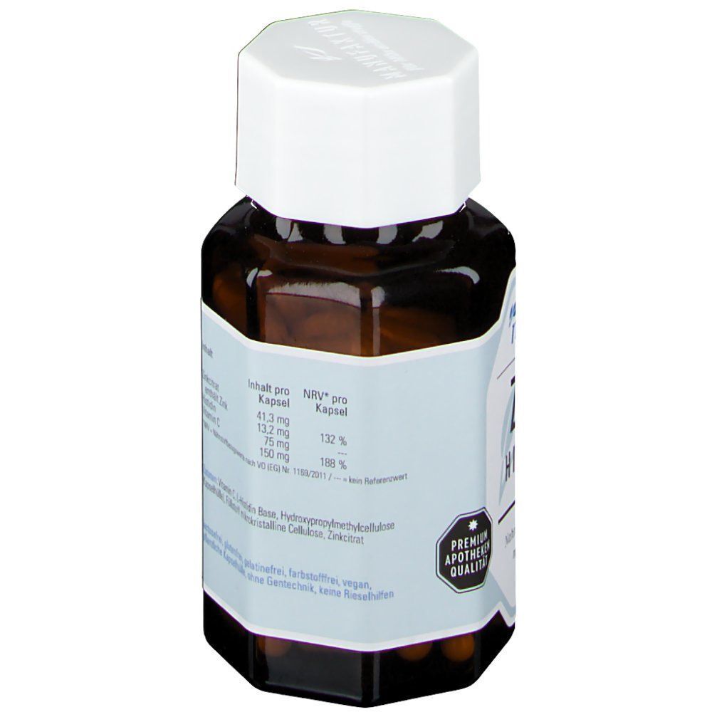 Rückseite einer Flasche naturafit® Zink Histidin C. Zeigt Nährwertangaben pro Kapsel und Siegel 'Premium Apotheken Qualität'.