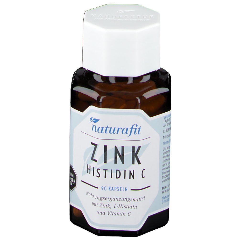Vorderansicht einer Flasche naturafit® Zink Histidin C mit 90 Kapseln. Braune Glasflasche mit weißem Schraubverschluss.