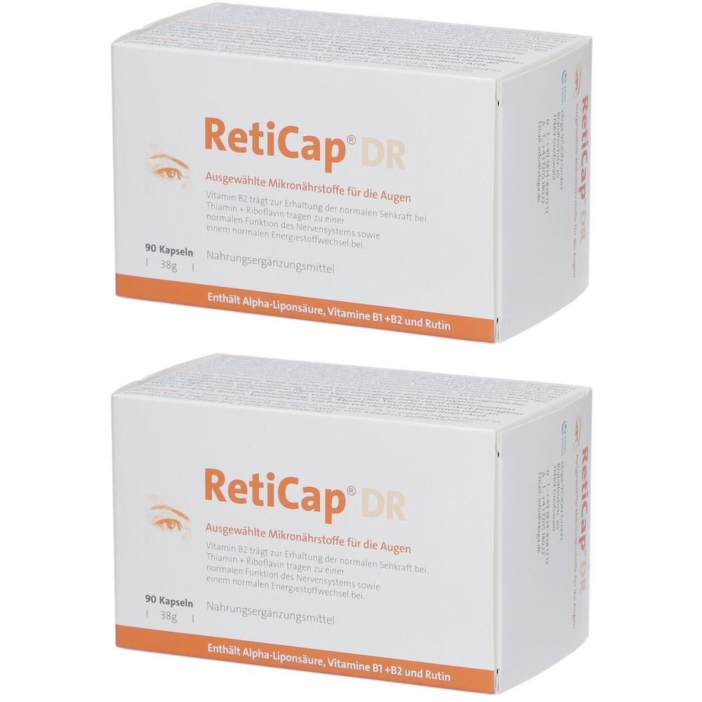 Zwei Packungen RetiCap® DR, Nahrungsergänzungsmittel für die Augen, 90 Kapseln pro Packung.