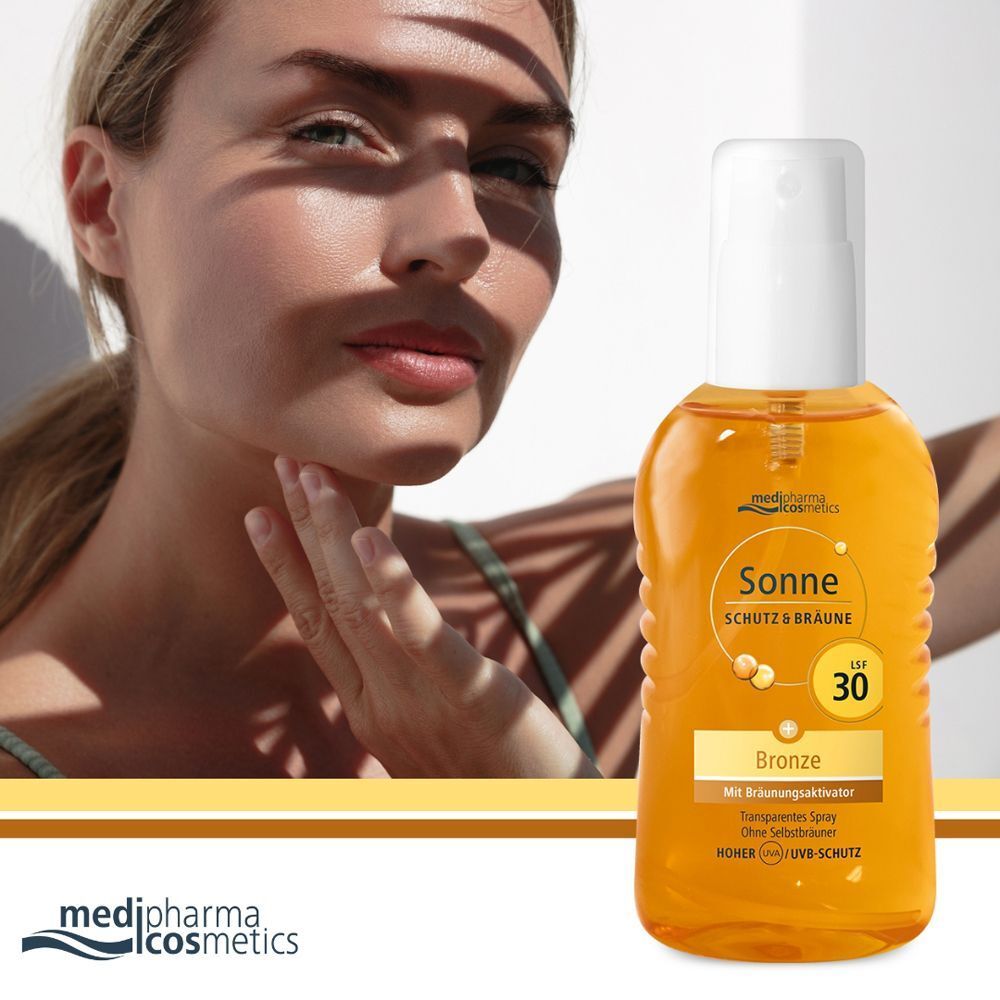 Frau im Schatten mit medipharma cosmetics Sonne Schutz & Bräune LSF 30 Bronze Spray.