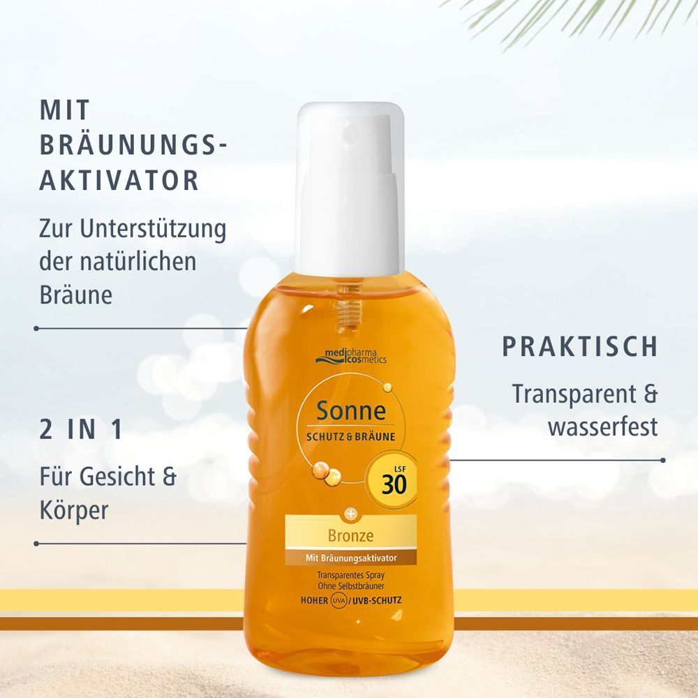 Flasche medipharma cosmetics Sonne Schutz & Bräune LSF 30 Bronze Spray mit Bräunungsaktivator.