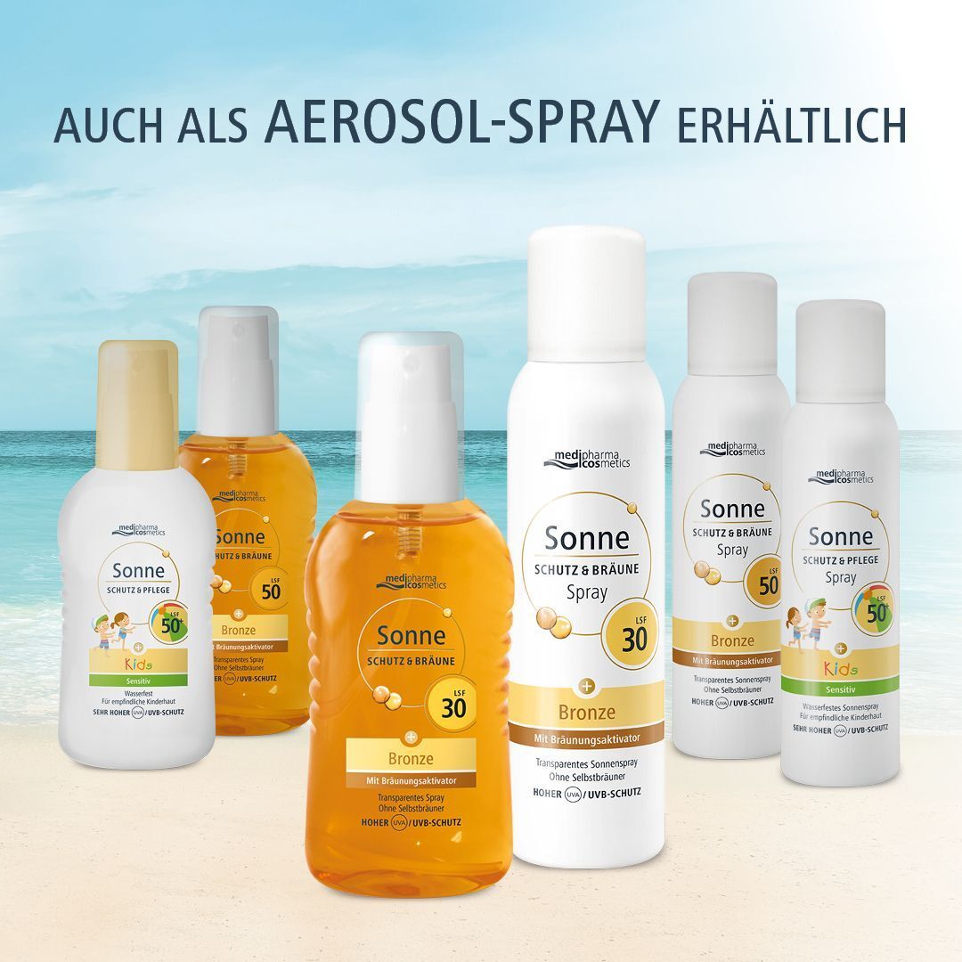 Sortiment medipharma cosmetics Sonnenschutzmittel, inklusive LSF 30 Bronze Spray.