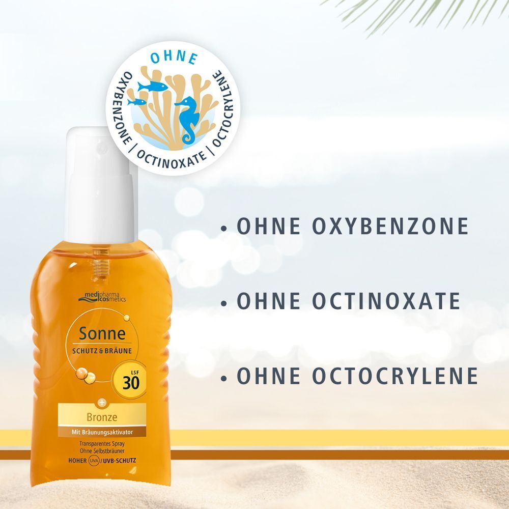 Flasche medipharma cosmetics Sonne Schutz & Bräune LSF 30, frei von Oxybenzon, Octinoxat und Octocrylen.