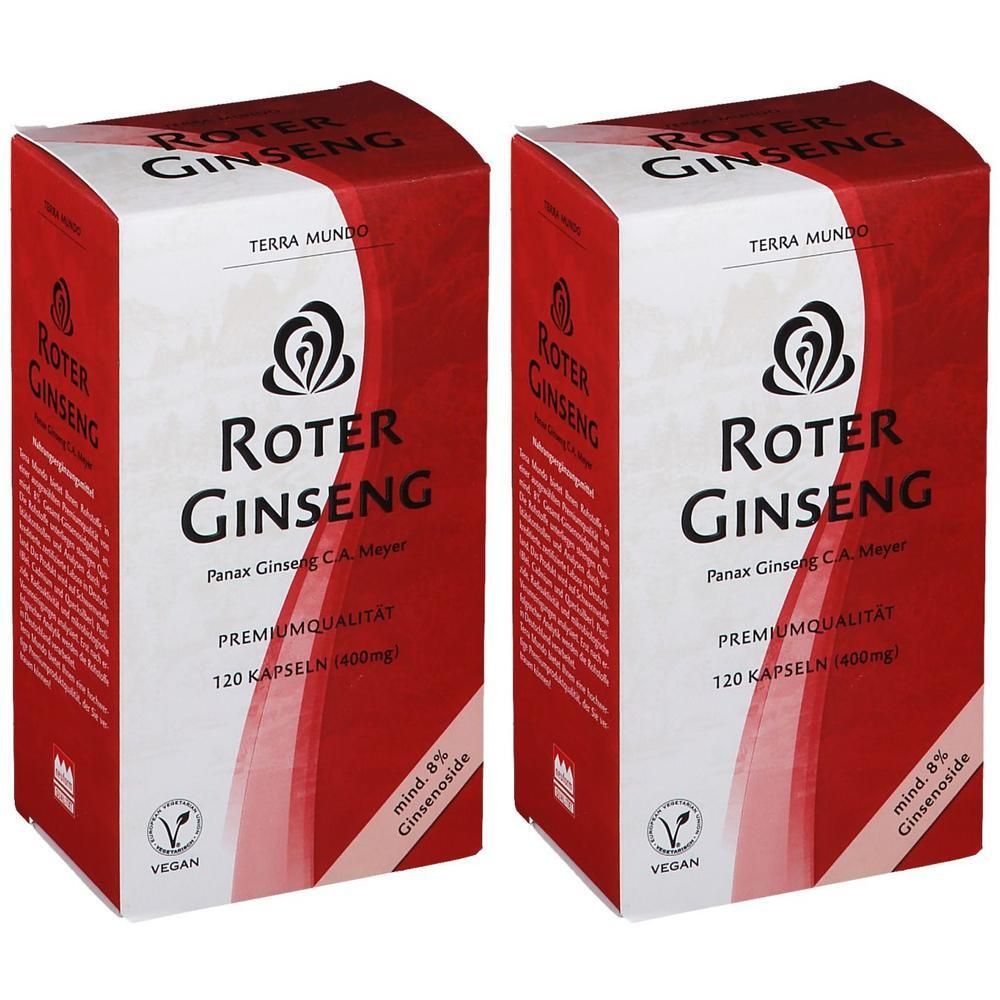 Zwei Packungen Roter Ginseng Kapseln mit je 120 Kapseln. Roter Ginseng, Panax Ginseng C.A. Meyer.