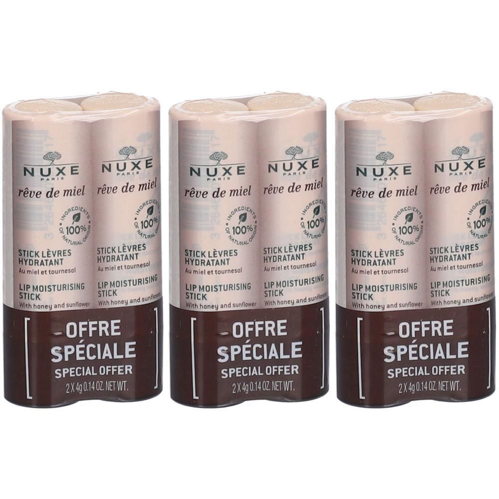 Drei Nuxe Rêve de Miel Lippenpflegestifte im Doppelpack, "Sonderangebot" Aufschrift.