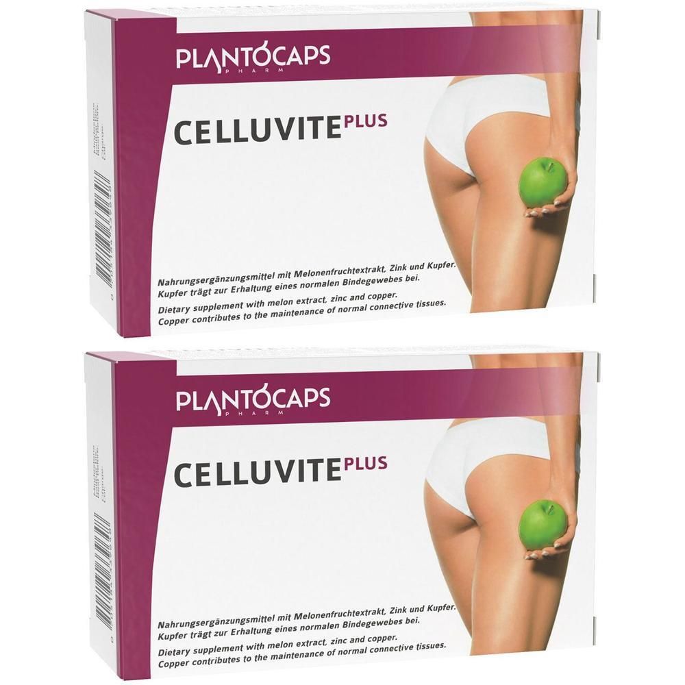 Zwei Packungen CELLUVITE PLUS mit Abbildung einer Frau und Apfel.