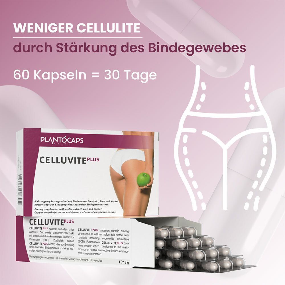 Verpackung und Blisterpackung CELLUVITE PLUS mit Kapseln, Grafik einer weiblichen Figur.