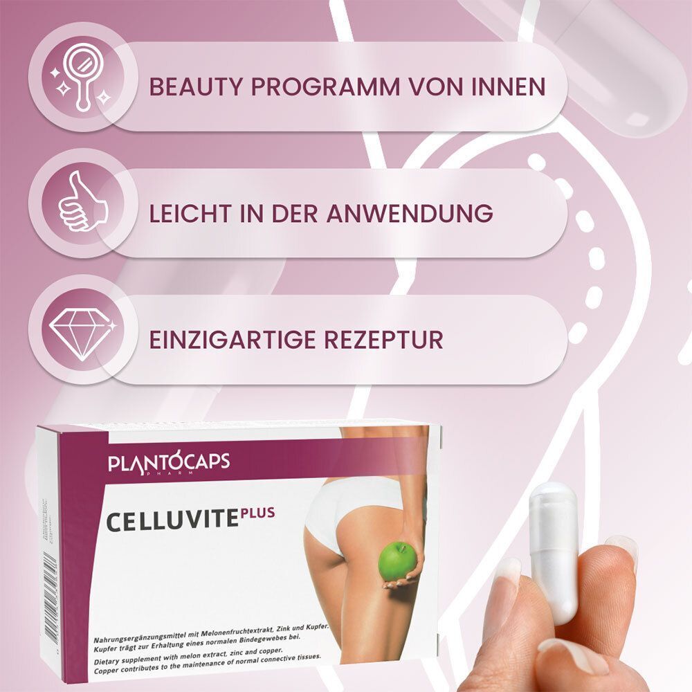 Verpackung CELLUVITE PLUS, Hand hält Kapsel, Icons für Beauty, Anwendung, Rezeptur.