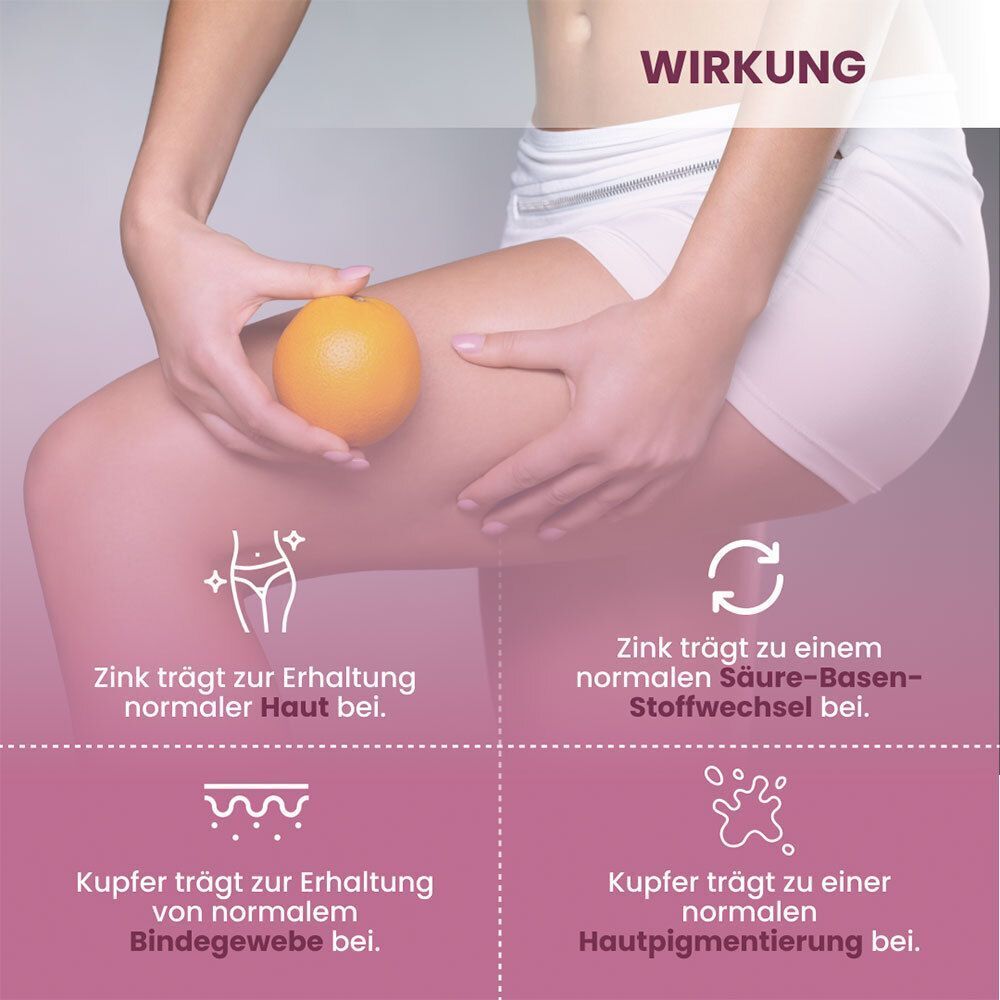 Frauenbeine mit Grafik zu Haut und Bindegewebe, Hand hält Orange.