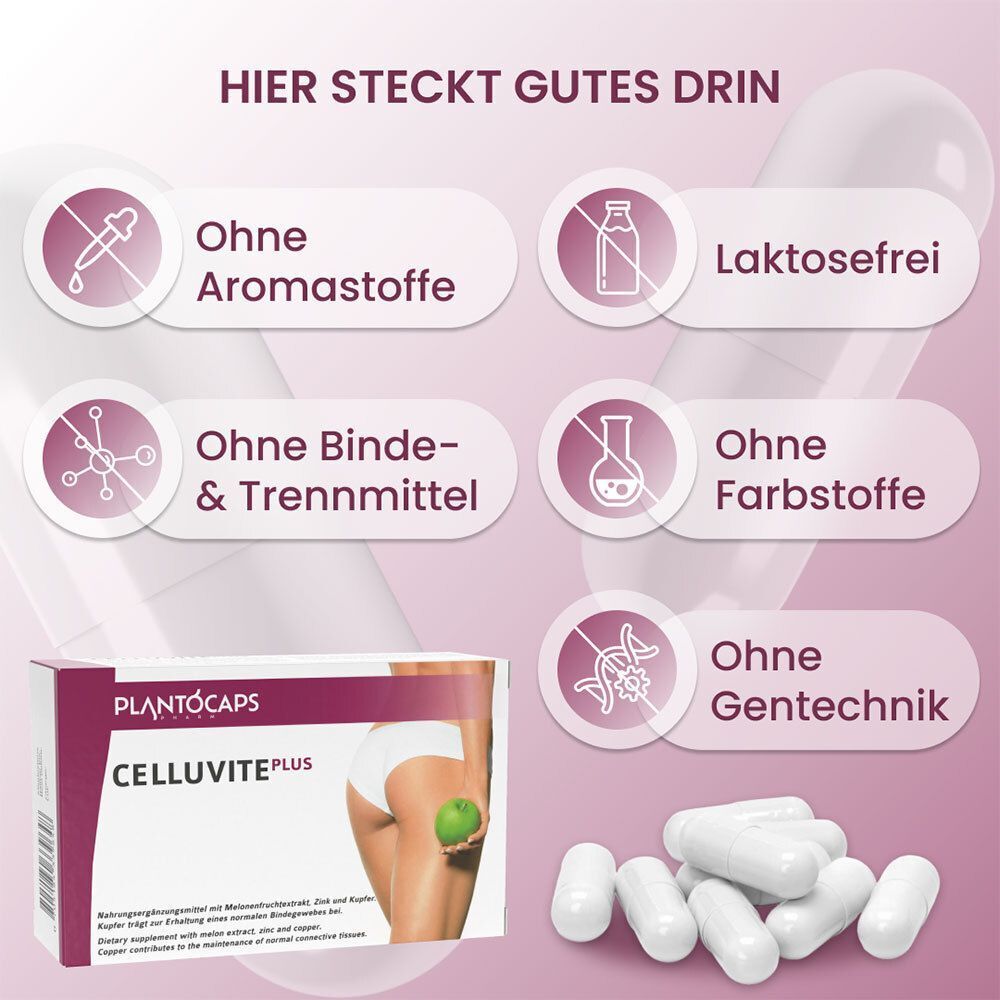 Verpackung CELLUVITE PLUS, Icons für 'Ohne Aromastoffe', 'Laktosefrei', 'Ohne Bindemittel', 'Ohne Farbstoffe', 'Ohne Gentechnik'.