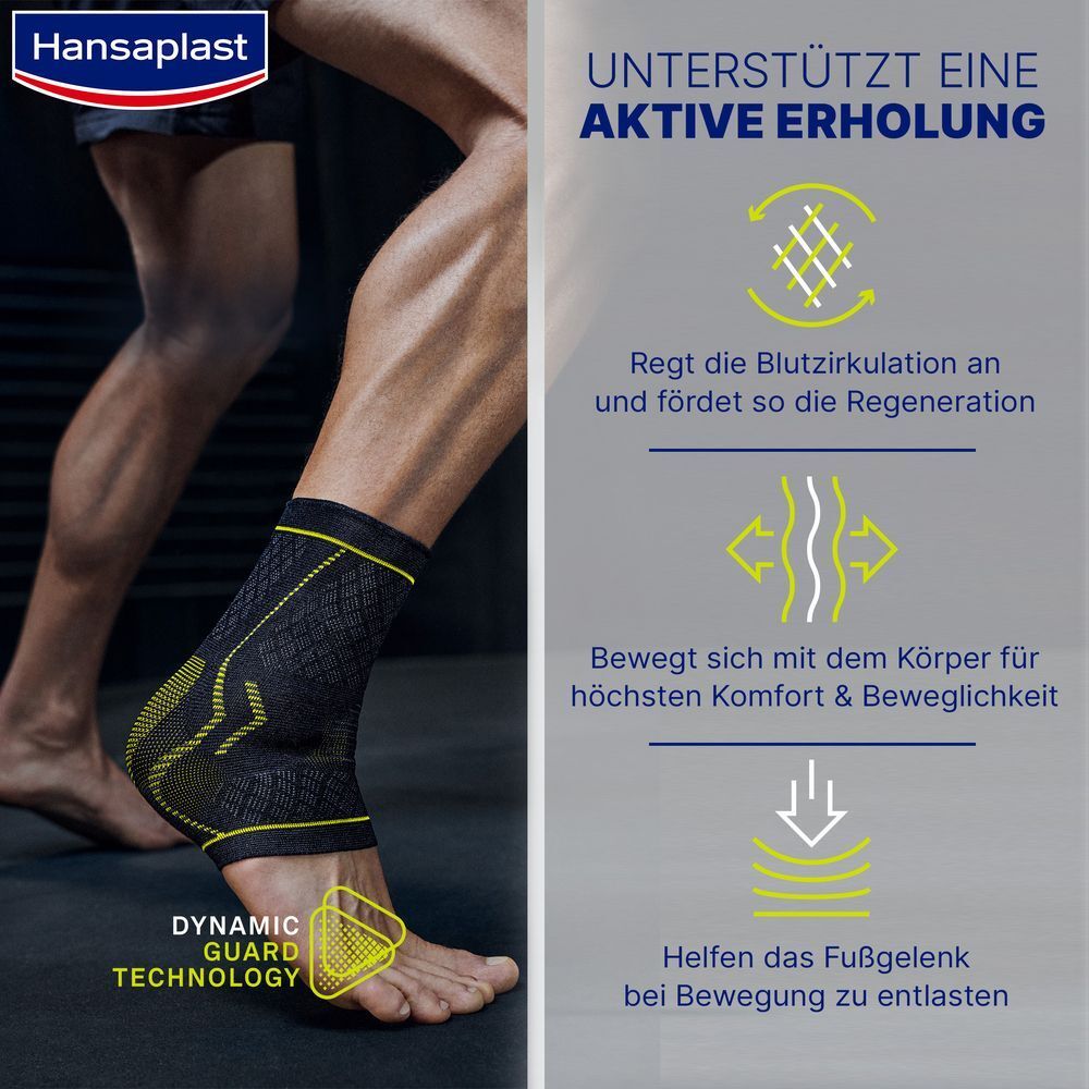 Hansaplast Fußgelenkbandage am Bein eines Mannes. Mit Text zu aktiver Erholung und Regeneration.