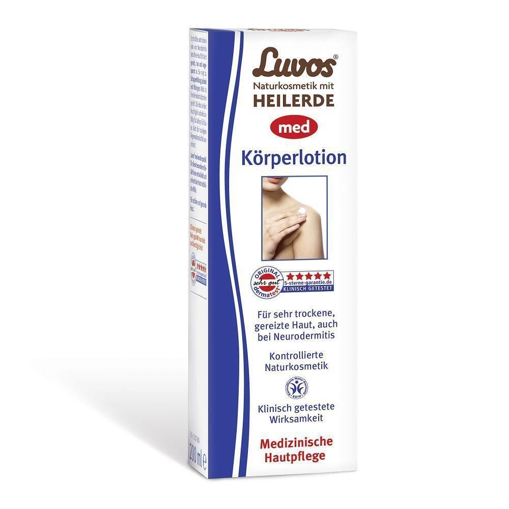 Verpackung der Luvos-Heilerde MED Körperlotion mit Informationen zur Hautpflege.