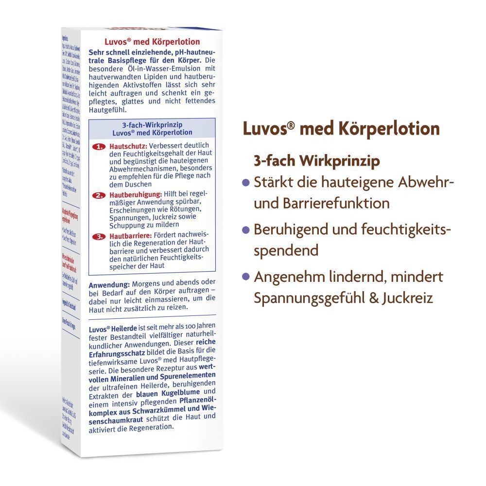Seitenansicht der Luvos-Heilerde MED Körperlotion Verpackung mit Anwendungshinweisen.