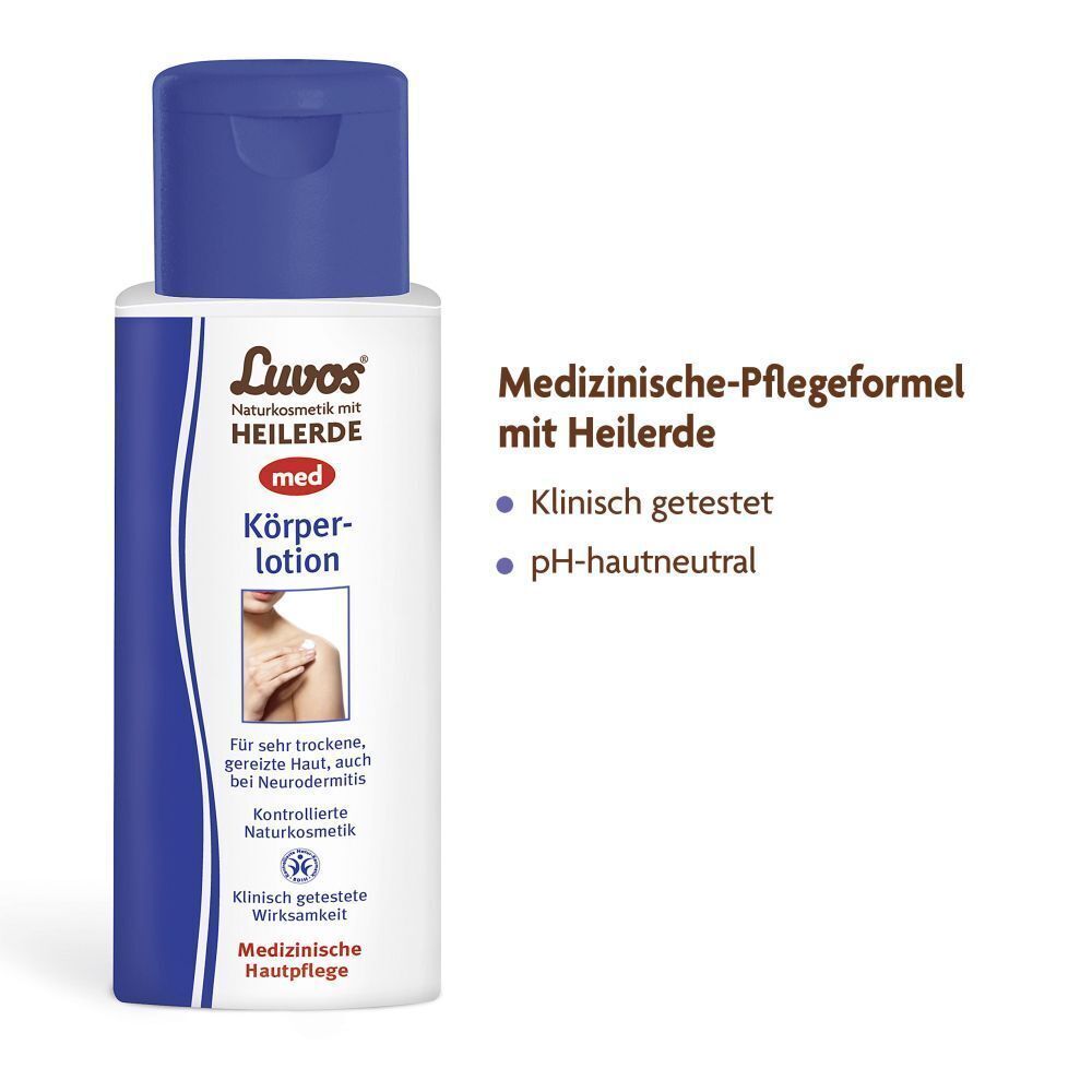 Luvos-Heilerde MED Körperlotion Flasche mit Siegeln 'Klinisch getestet'.
