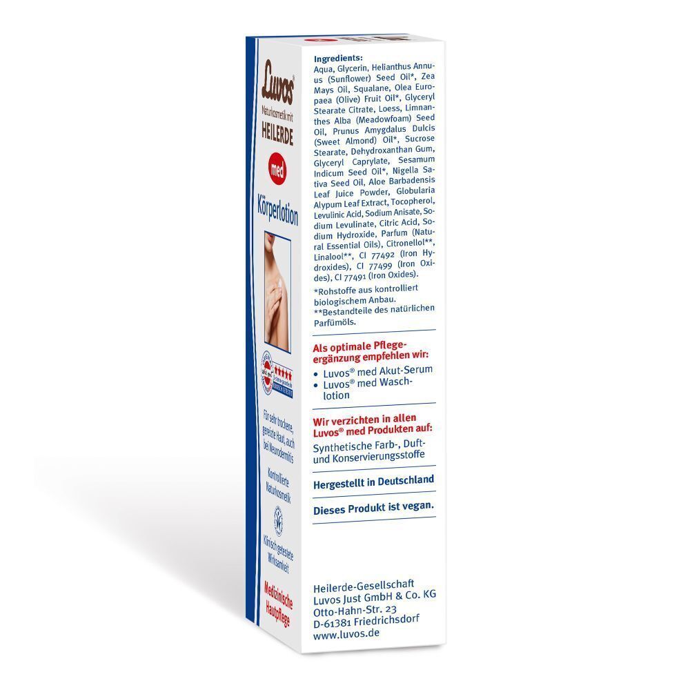 Seitenansicht der Luvos-Heilerde MED Körperlotion Verpackung mit Inhaltsstoffen.
