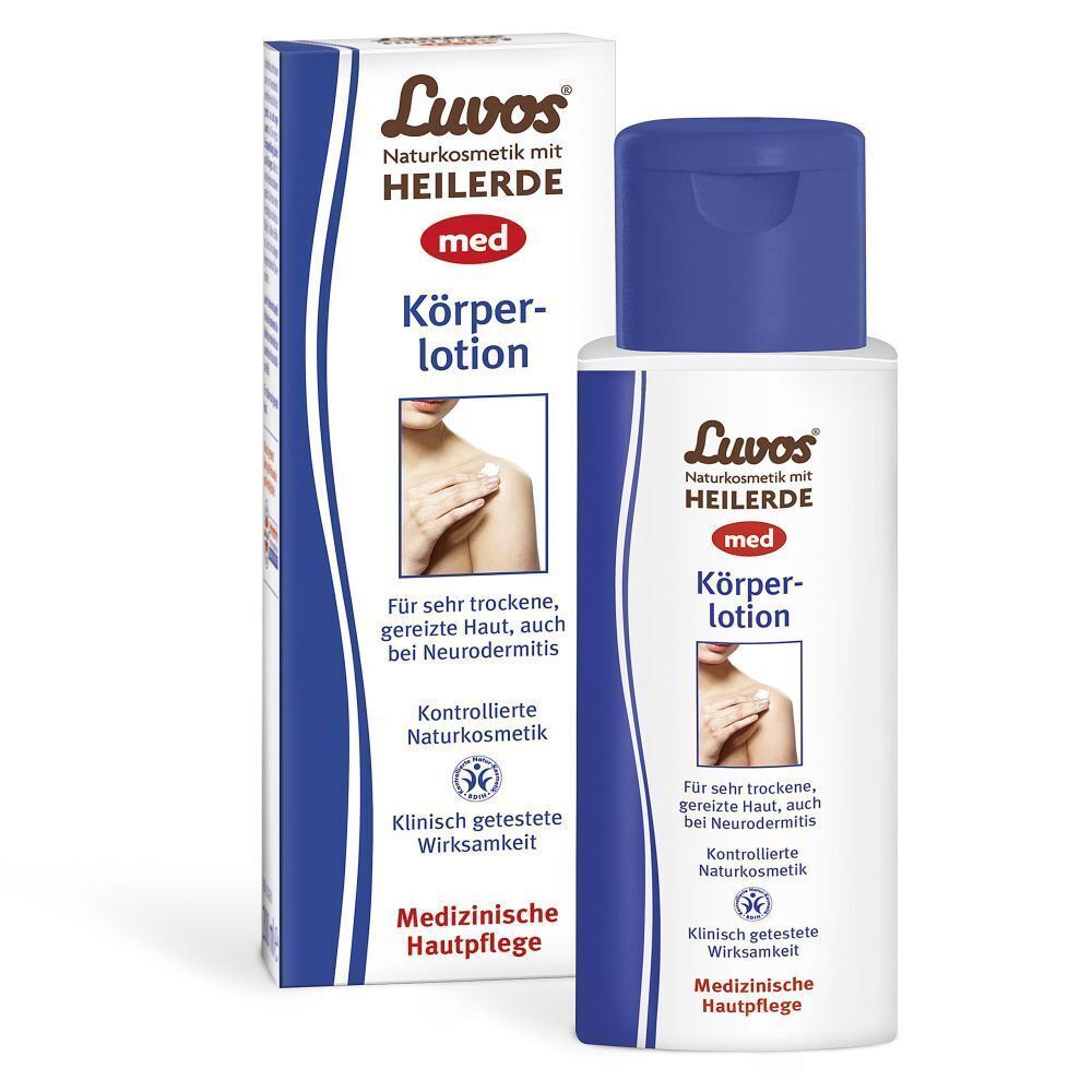 Luvos-Heilerde MED Körperlotion Karton und Flasche, mit Abbildung einer Schulter.