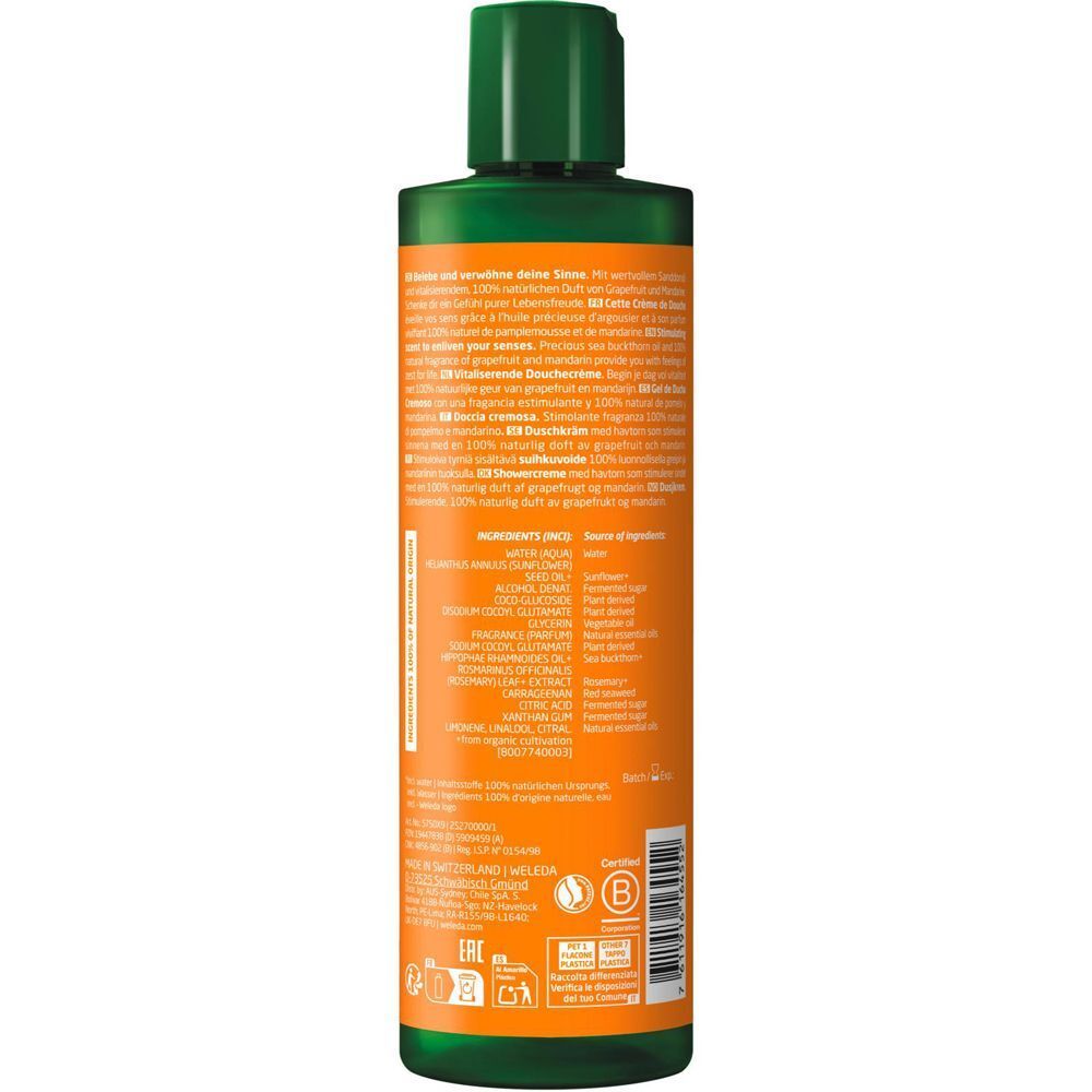 Rückseite einer Flasche Weleda Vitality Duschcreme Sanddorn mit detaillierten Produktinformationen und Inhaltsstoffen.