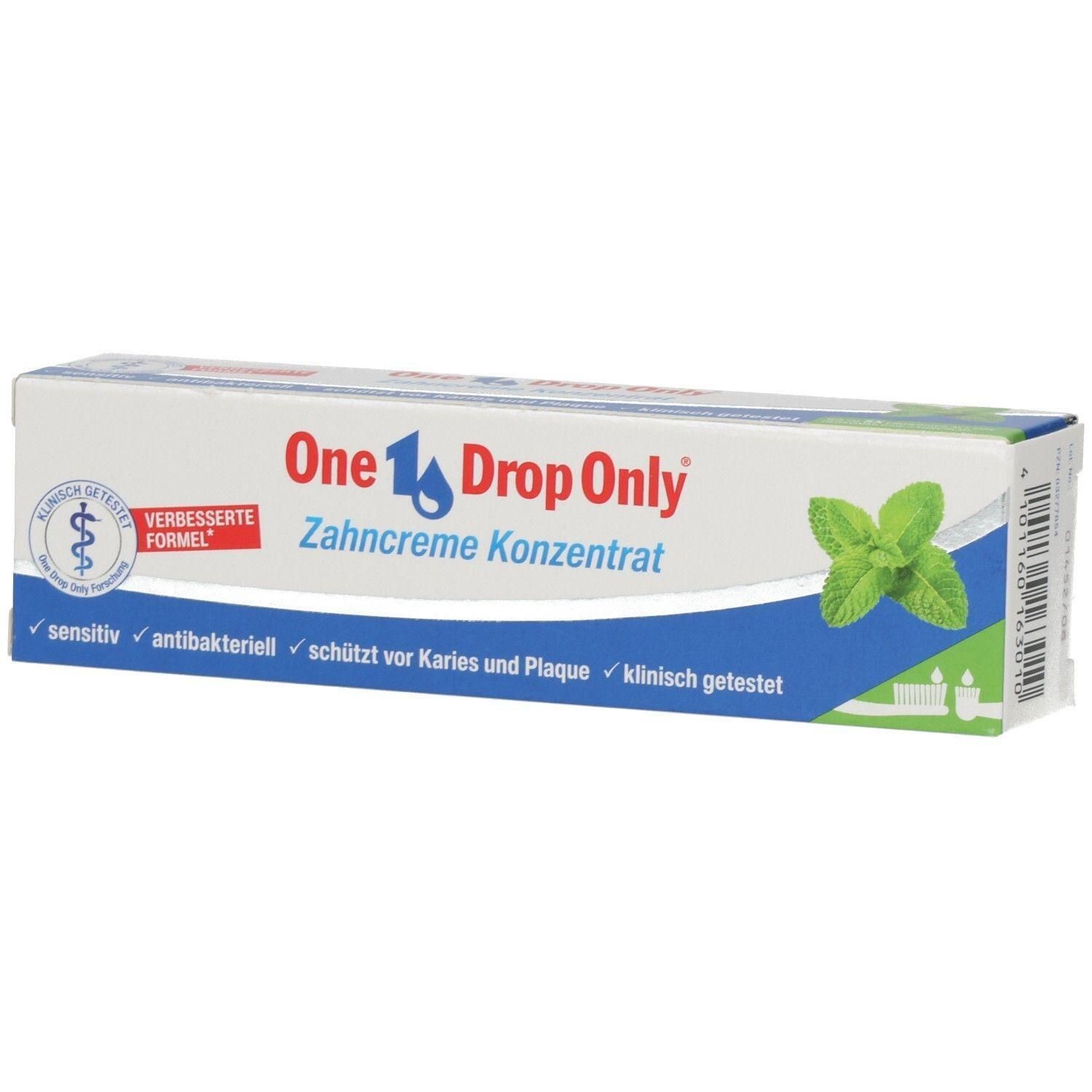 One Drop Only Zahncreme Konzentrat Verpackung mit Minzblatt-Symbol und klinischen Testergebnissen.