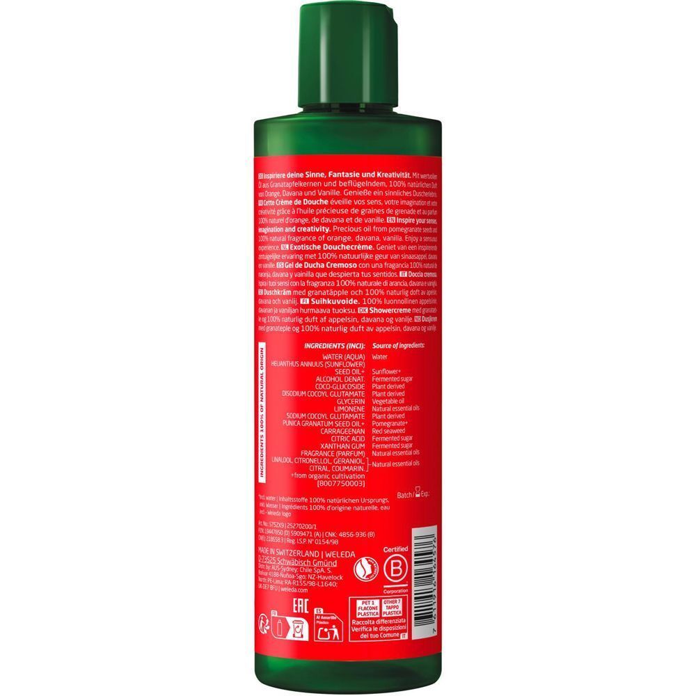Rückseite einer Flasche WELEDA Inspire Duschcreme Granatapfel mit Inhaltsstoffen.