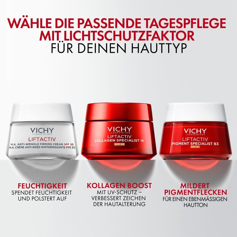 Vichy Tagespflege mit LSF: Feuchtigkeit, Kollagen Boost, Pigmentflecken mildern.