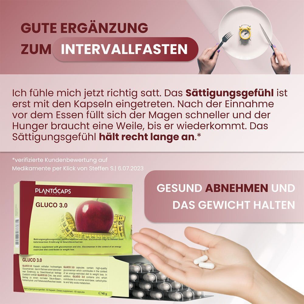 Packung plantoCAPS® GLUCO 3.0 und Kapseln in einer Hand, mit Text über Sättigung.