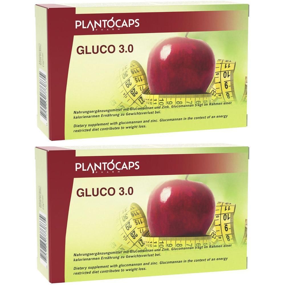 Zwei Packungen PLANTOCAPS® GLUCO 3.0 mit rotem Apfel und Maßband.