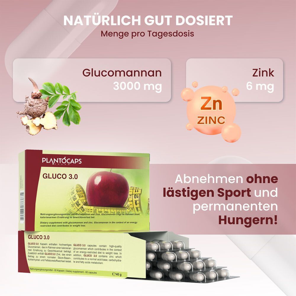 PLANTOCAPS® GLUCO 3.0 Packung, Kapseln, Glucomannan 3000 mg, Zink 6 mg.