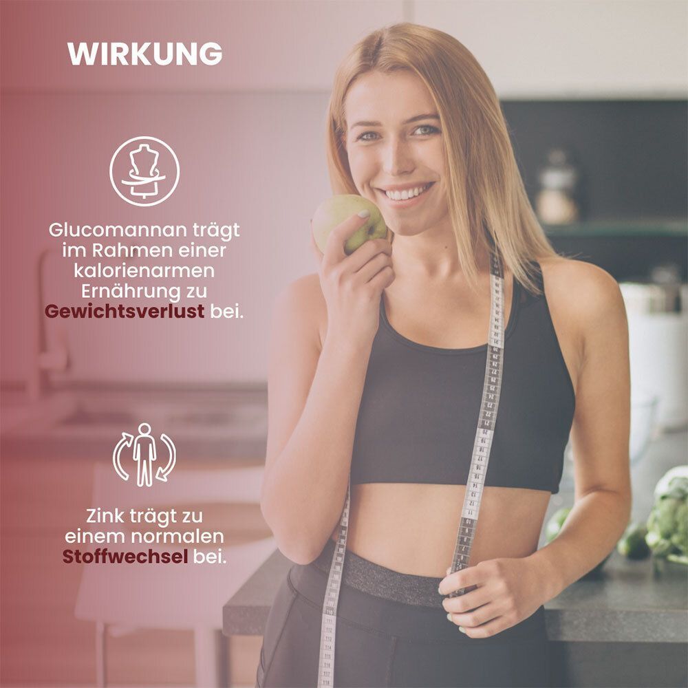 Frau mit Maßband, isst Apfel. PLANTOCAPS® GLUCO 3.0 Text.