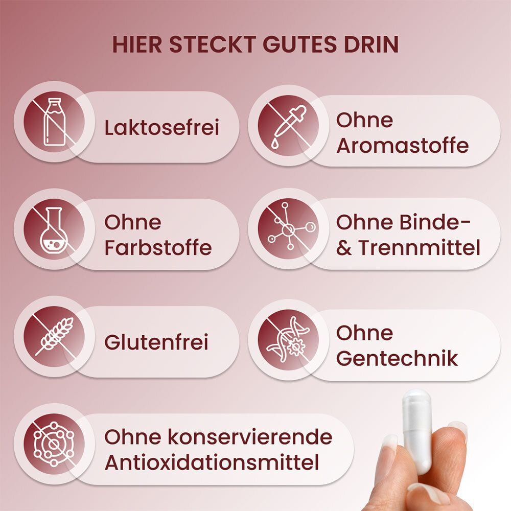 PLANTOCAPS® GLUCO 3.0: Laktosefrei, ohne Farbstoffe, Glutenfrei, ohne Konservierungsmittel.