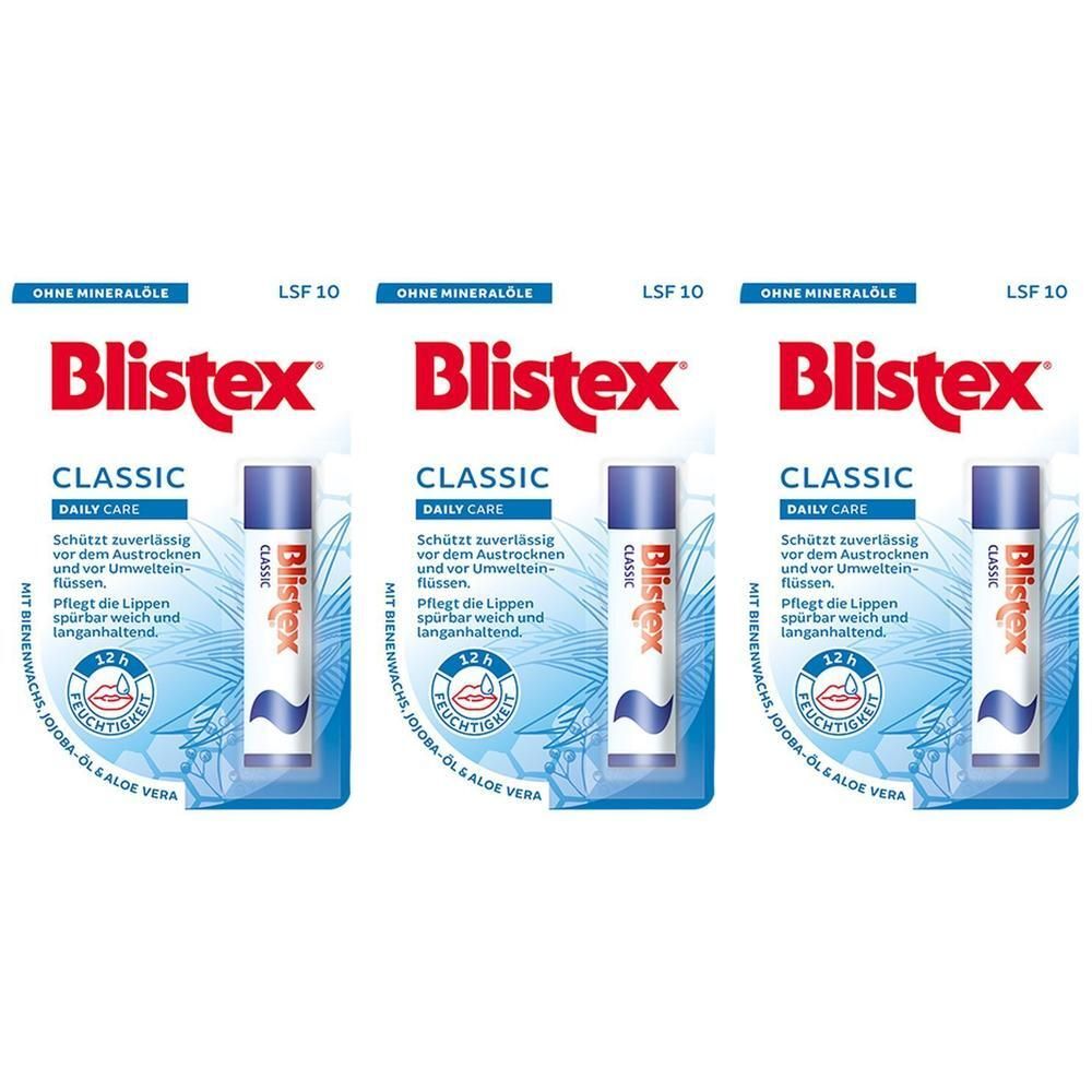 Drei Blistex Classic Pflegestifte im Dreierpack. Blauer Deckel, weiße Hülse mit rotem Logo und blauer Welle.