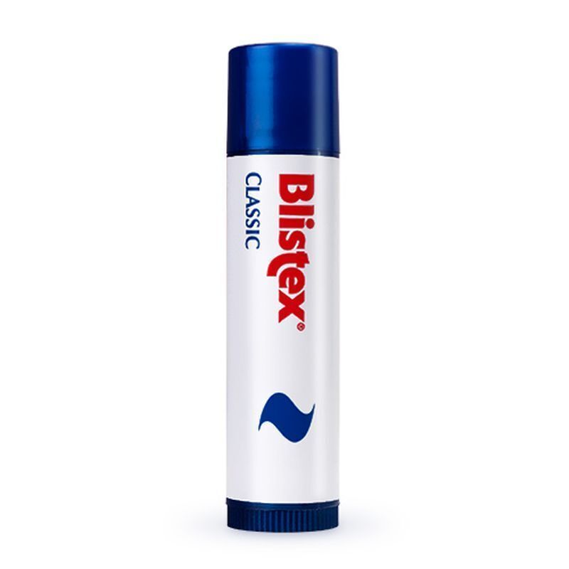 Blistex Classic Pflegestift. Blaue Kappe, weiße Hülse mit rotem Logo und blauer Welle.