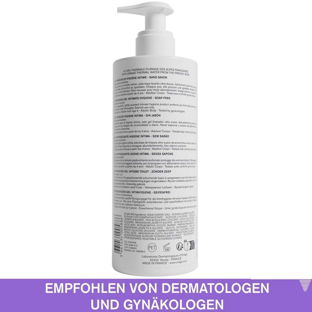Rückseite einer Uriage Gyn-Phy Flasche mit Anwendungshinweisen und Inhaltsstoffen.