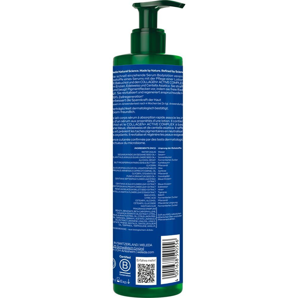 Rückseite einer Flasche Weleda Revitalizing Serum Bodylotion mit Inhaltsstoffen und Zertifizierungen.