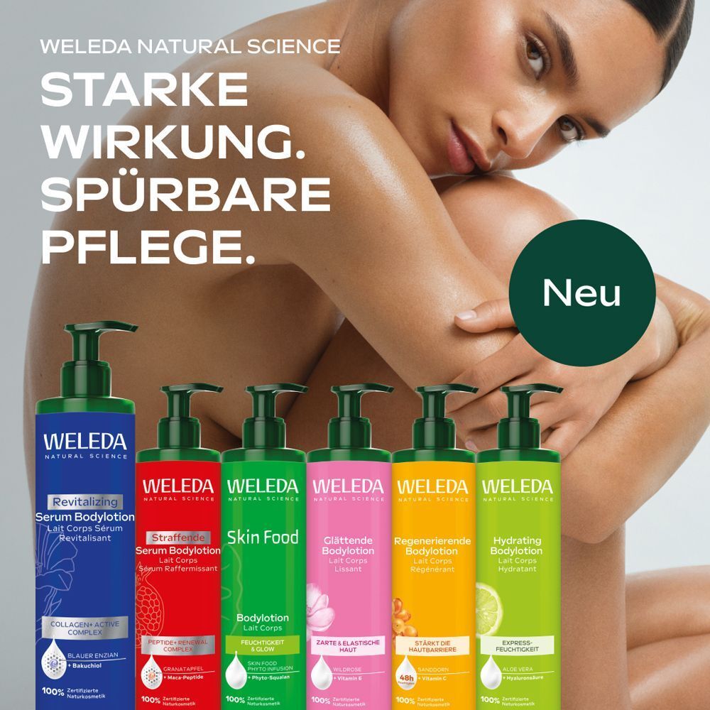 Sechs Weleda Bodylotions, darunter die Revitalizing Serum Bodylotion, mit dem Slogan "Starke Wirkung. Spürbare Pflege."