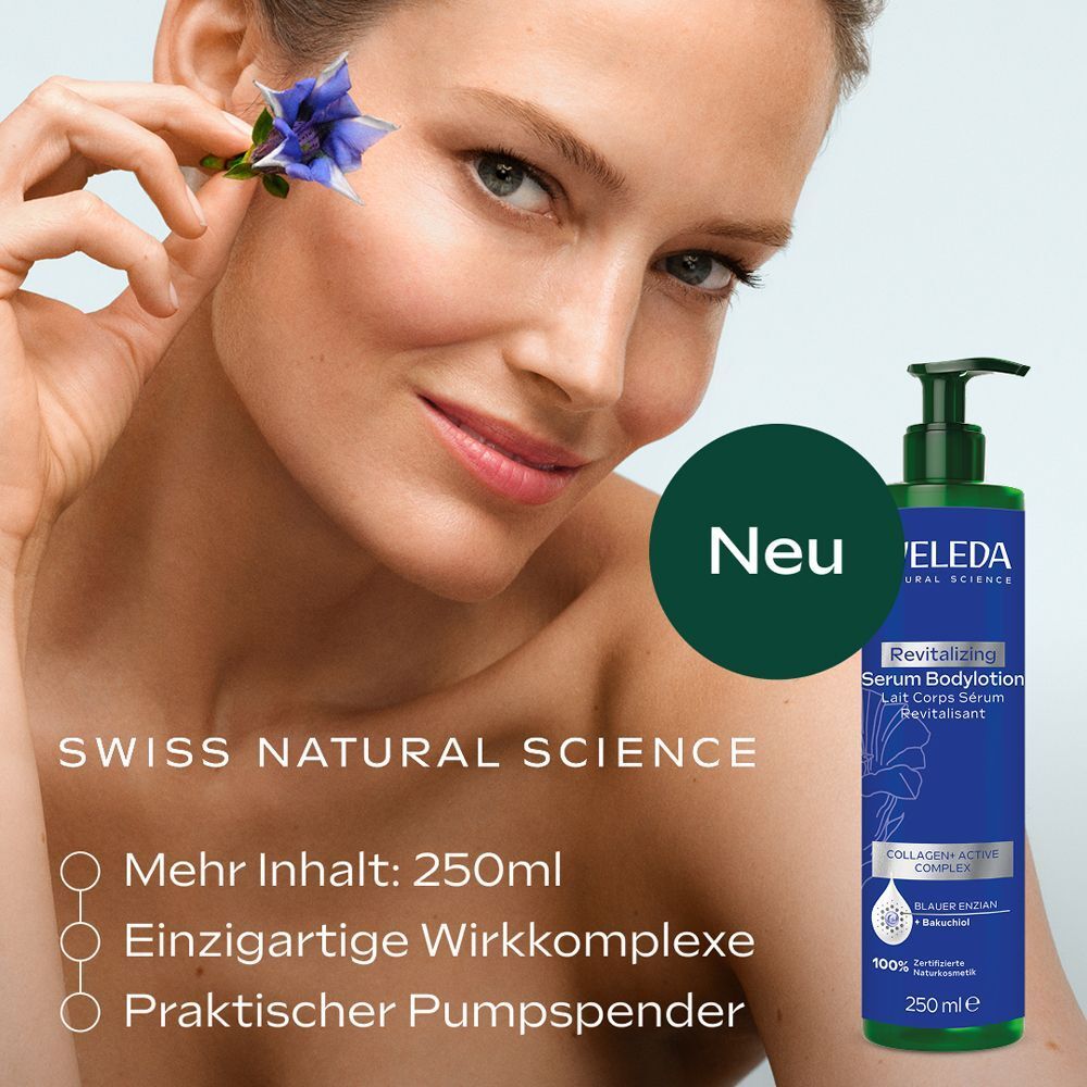 Frau hält eine blaue Blume neben ihrem Gesicht, daneben Weleda Revitalizing Serum Bodylotion.