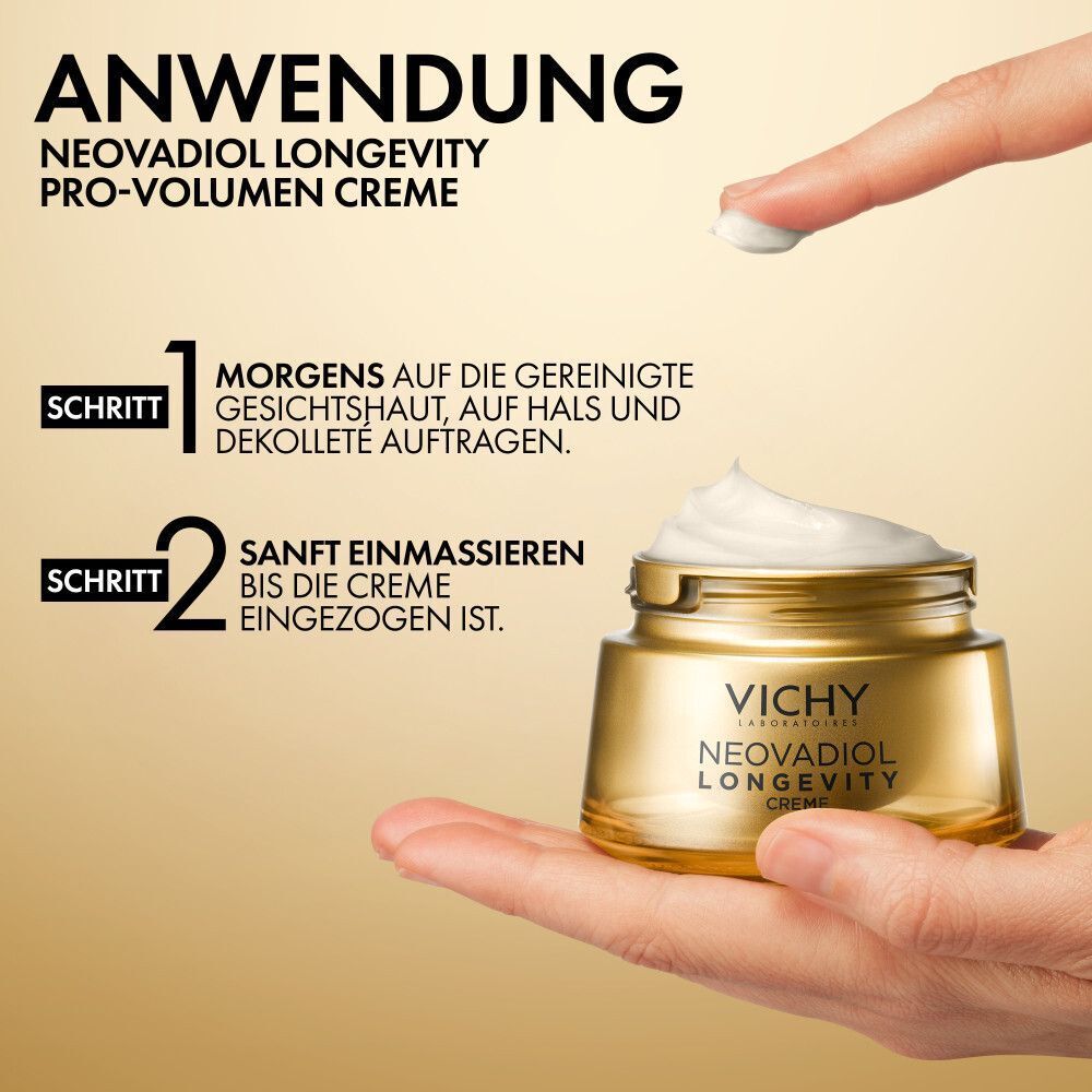 Anwendung der Vichy Neovadiol Pro-Volume Creme: Morgens auf Gesicht, Hals und Dekolleté.