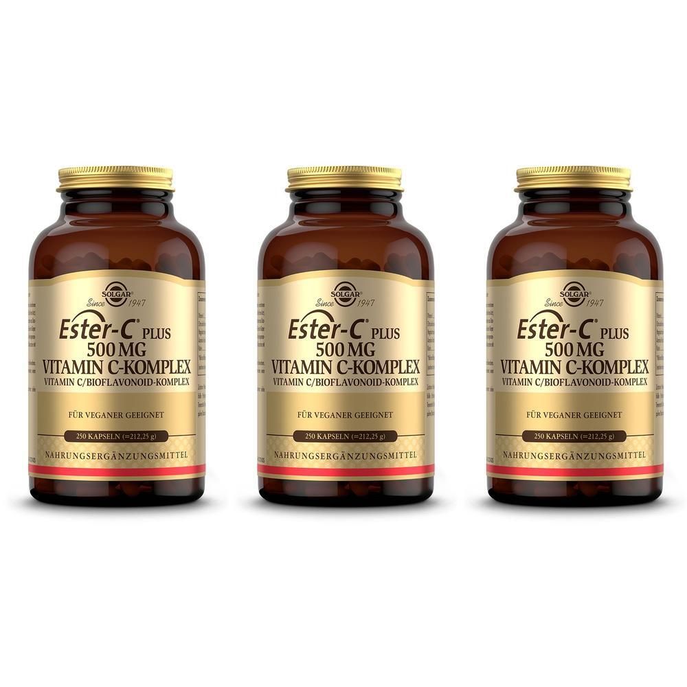 Drei Flaschen Solgar Ester-C Plus 500 mg Vitamin C Komplex.