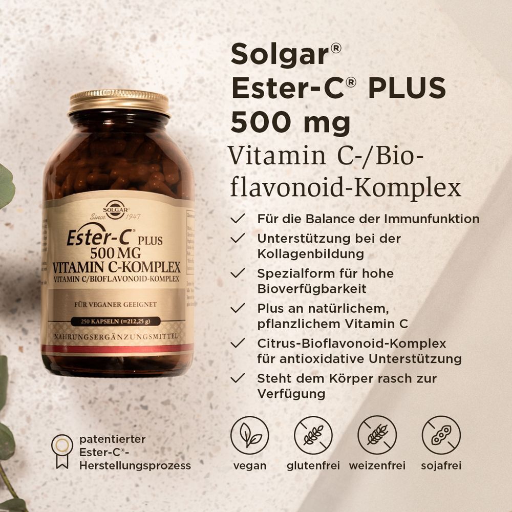 Solgar Ester-C Plus 500 mg Vitamin C Komplex Flasche mit Produktinformationen und Siegeln.
