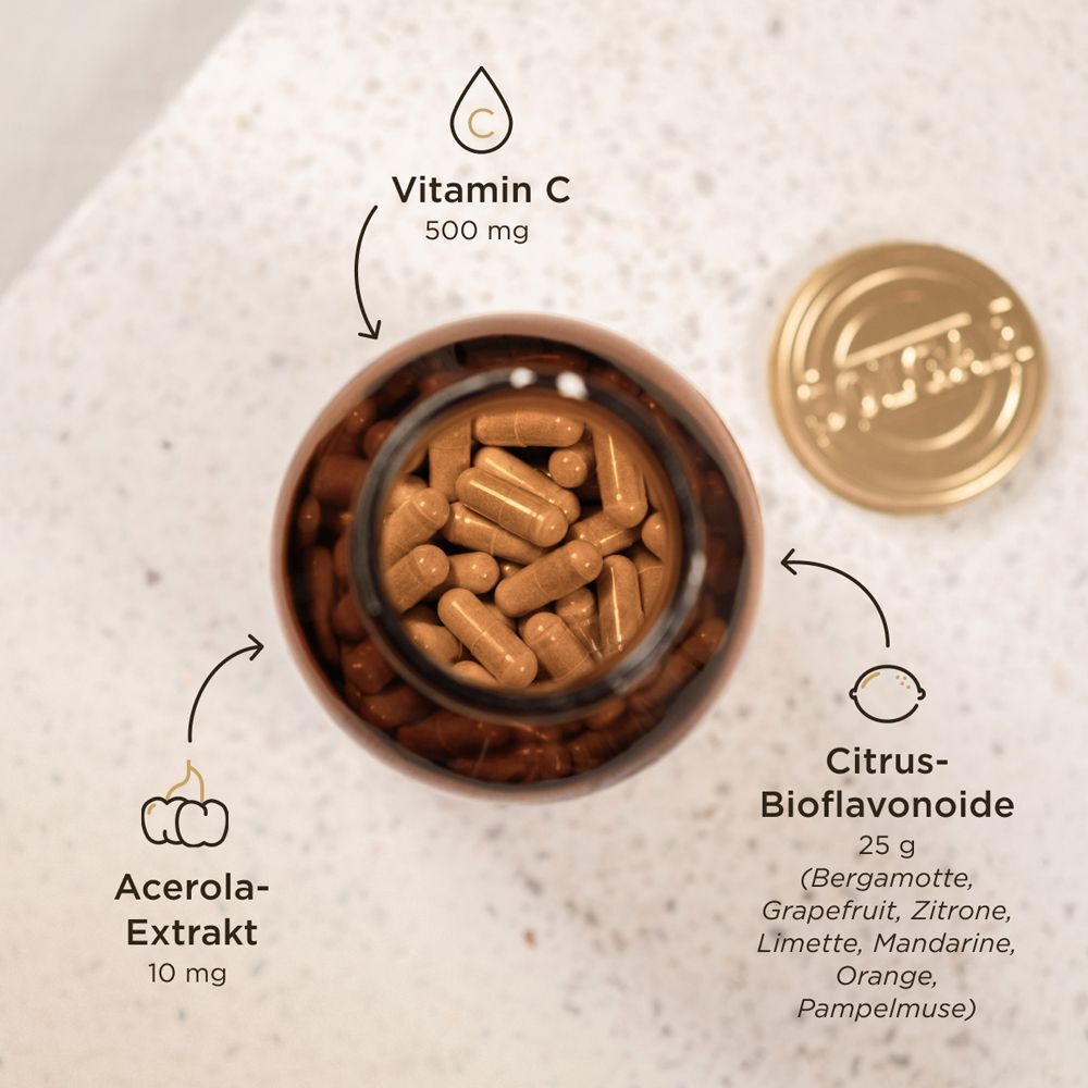 Oberansicht einer Flasche Solgar Ester-C Plus 500 mg, gefüllt mit Kapseln, mit Zutateninformationen.