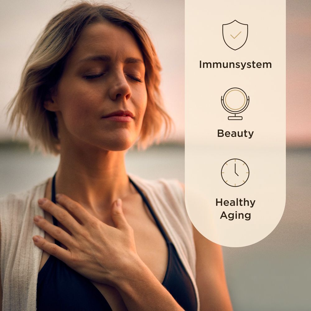 Frau mit geschlossenen Augen, unterstützt Immunsystem, Schönheit und gesundes Altern. Sanfter Hintergrund.
